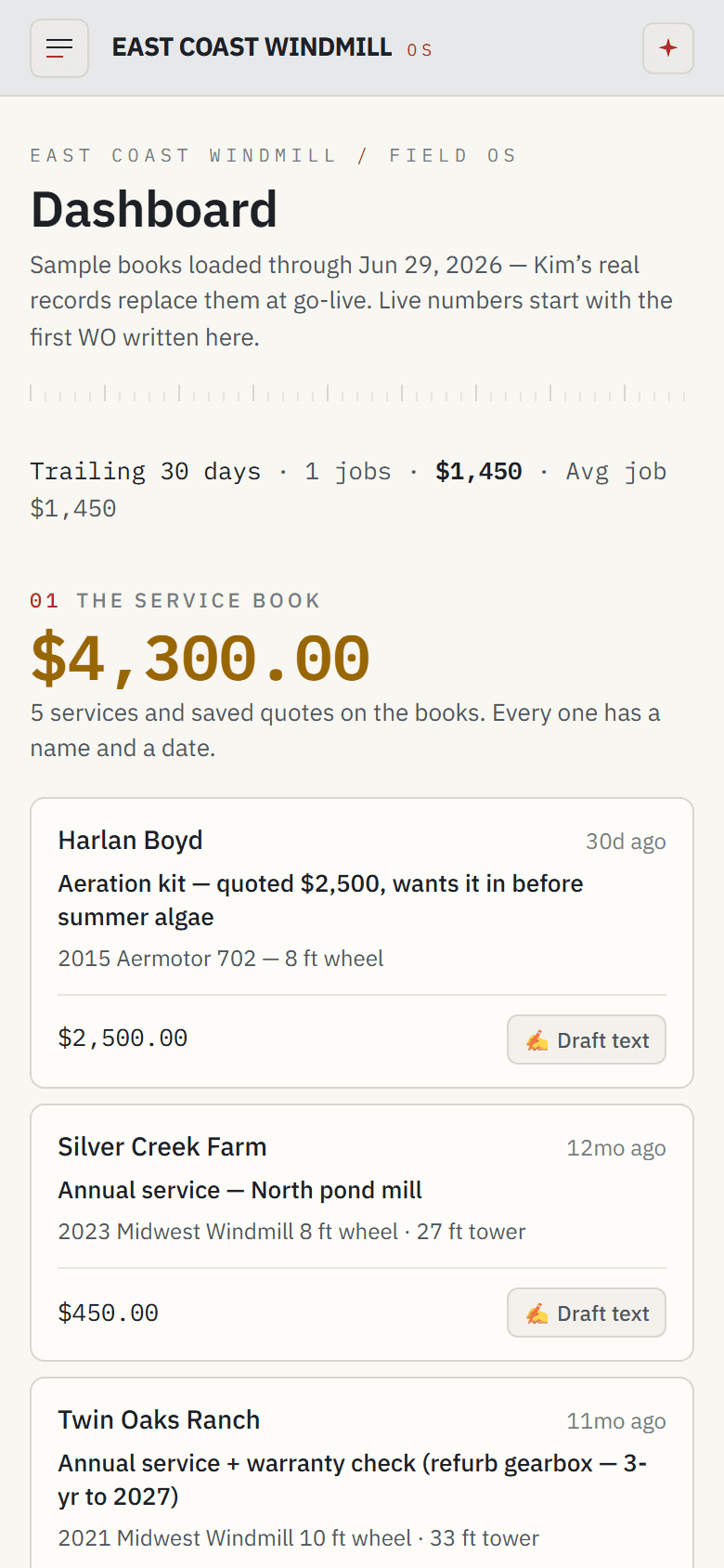 East Coast Windmill Field OS on a phone — the service book with quotes priced and draft-text buttons