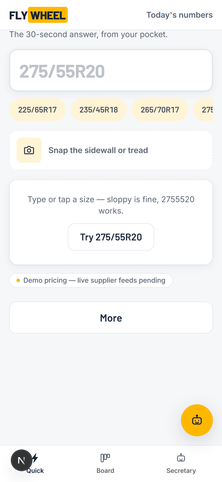 Flywheel OS quick quote on a phone — a tire size field with a snap-the-sidewall camera option
