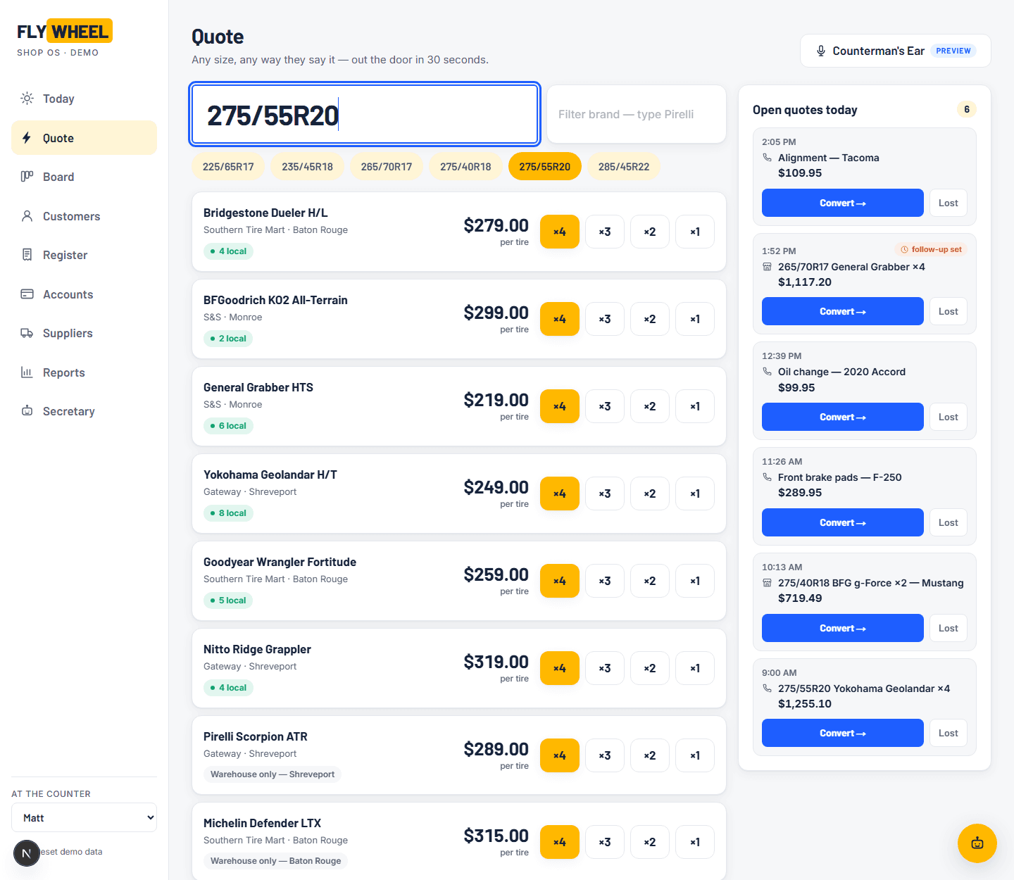 Flywheel OS quote screen — a tire size typed in and every supplier priced out the door in seconds