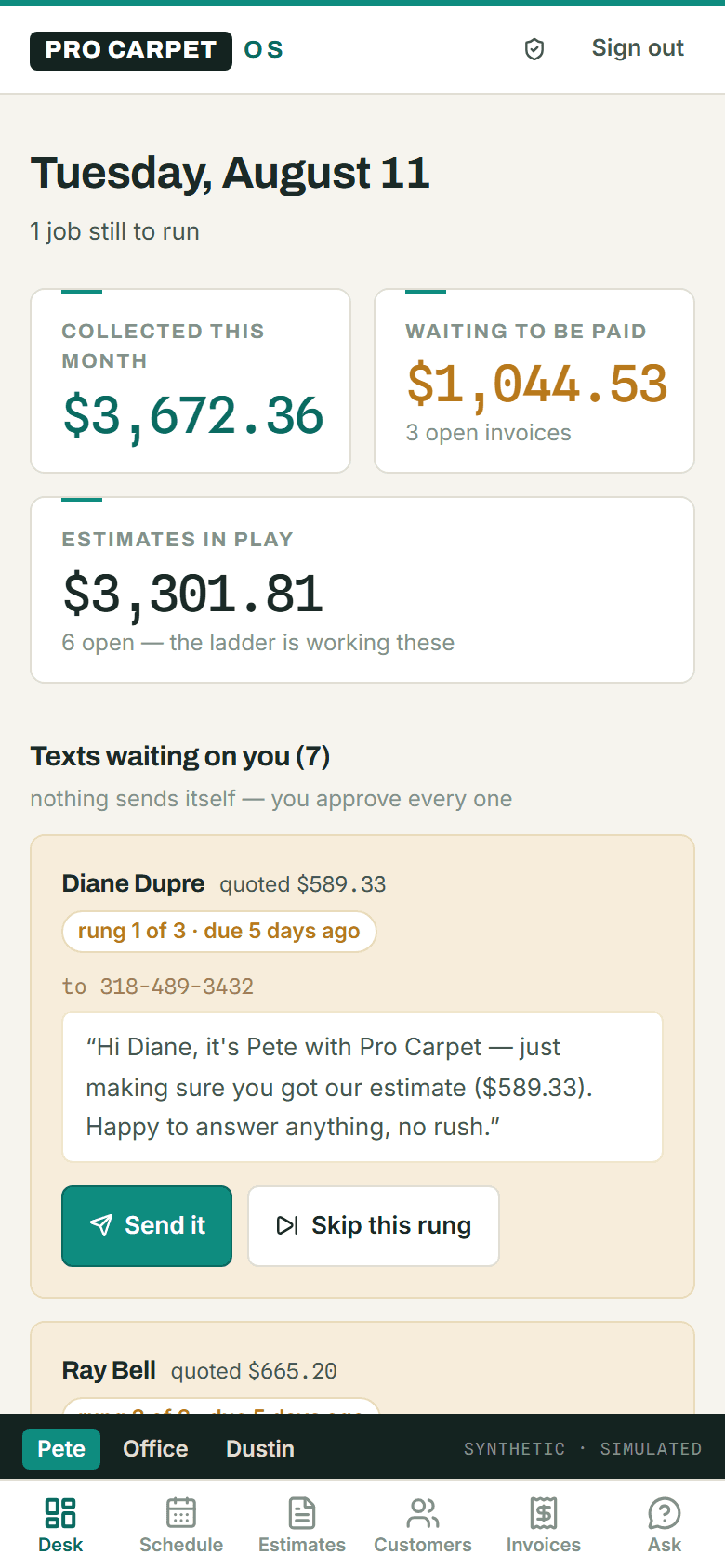 Pro Carpet OS on a phone — the day’s money tiles and follow-up texts waiting for approval