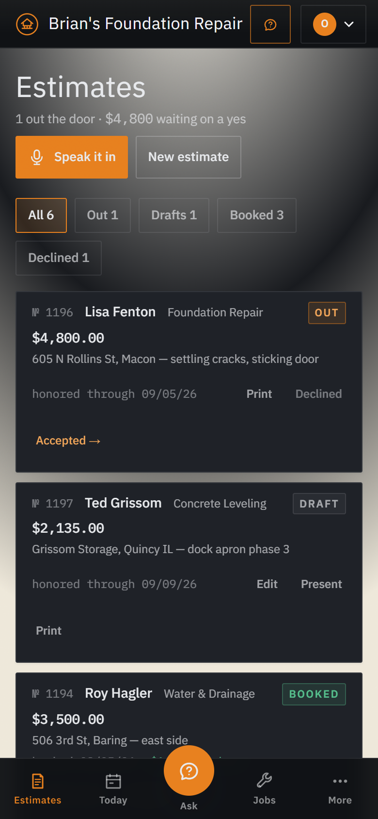 Brian’s Foundation Repair OS on a phone — the estimate book with speak-it-in intake