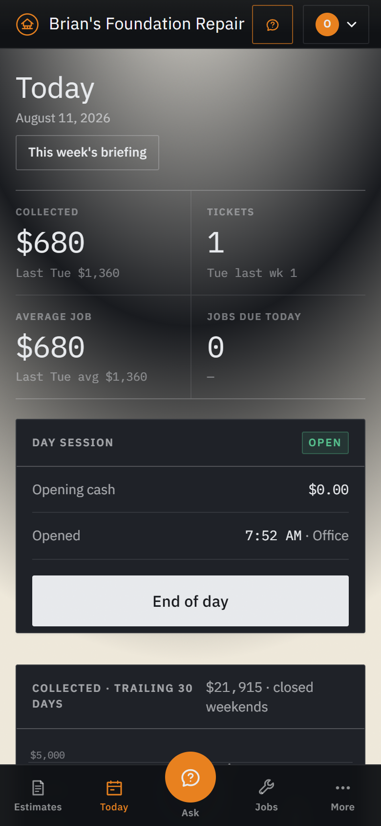 Brian’s Foundation Repair OS on a phone — the day’s collected, tickets, and jobs due
