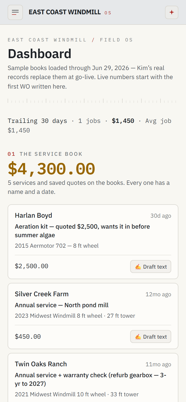 East Coast Windmill Field OS on a phone — the service book with quotes priced and draft-text buttons