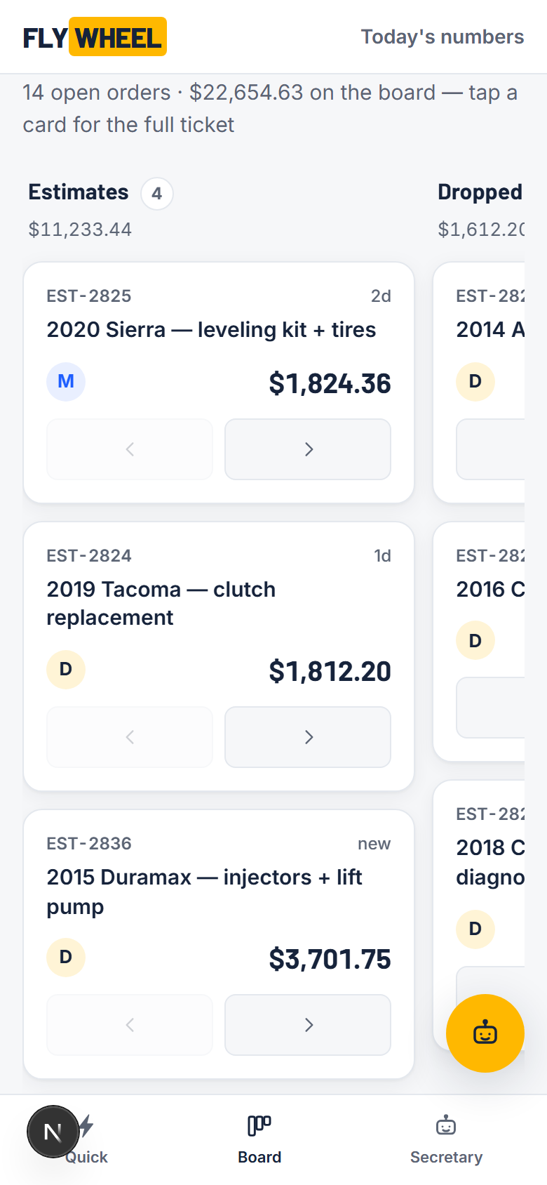 Flywheel OS estimate board on a phone — open orders with dollars on the board