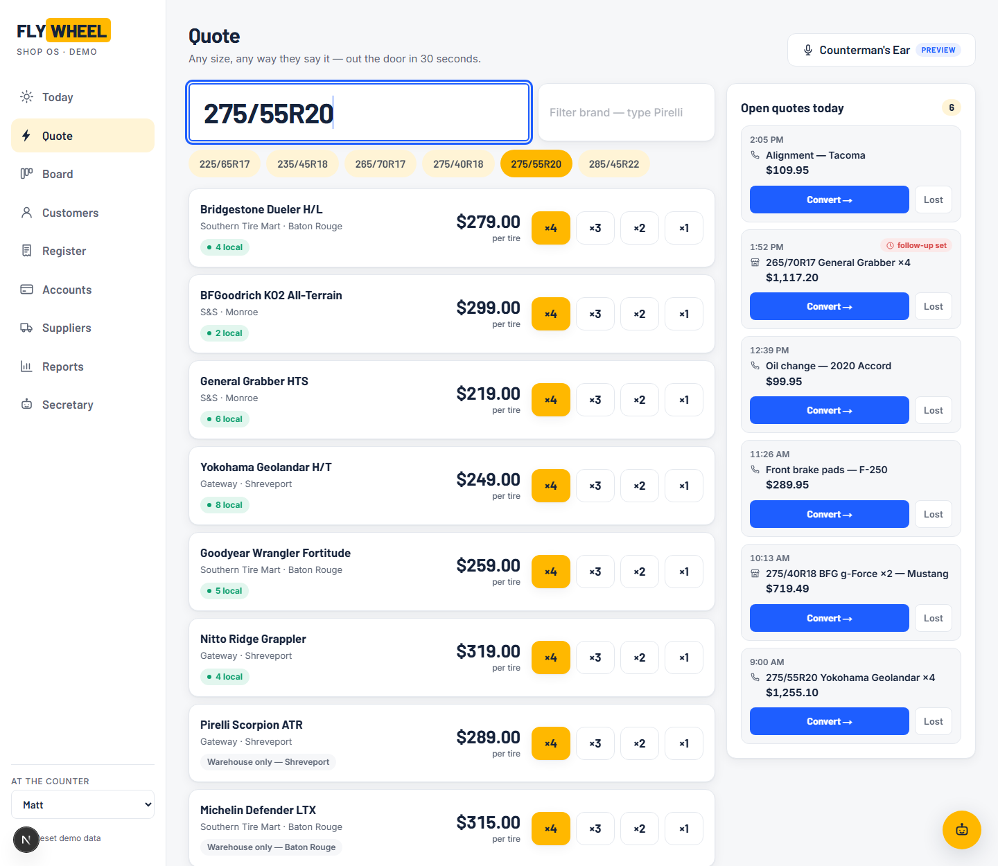Flywheel OS quote screen — a tire size typed in and every supplier priced out the door in seconds