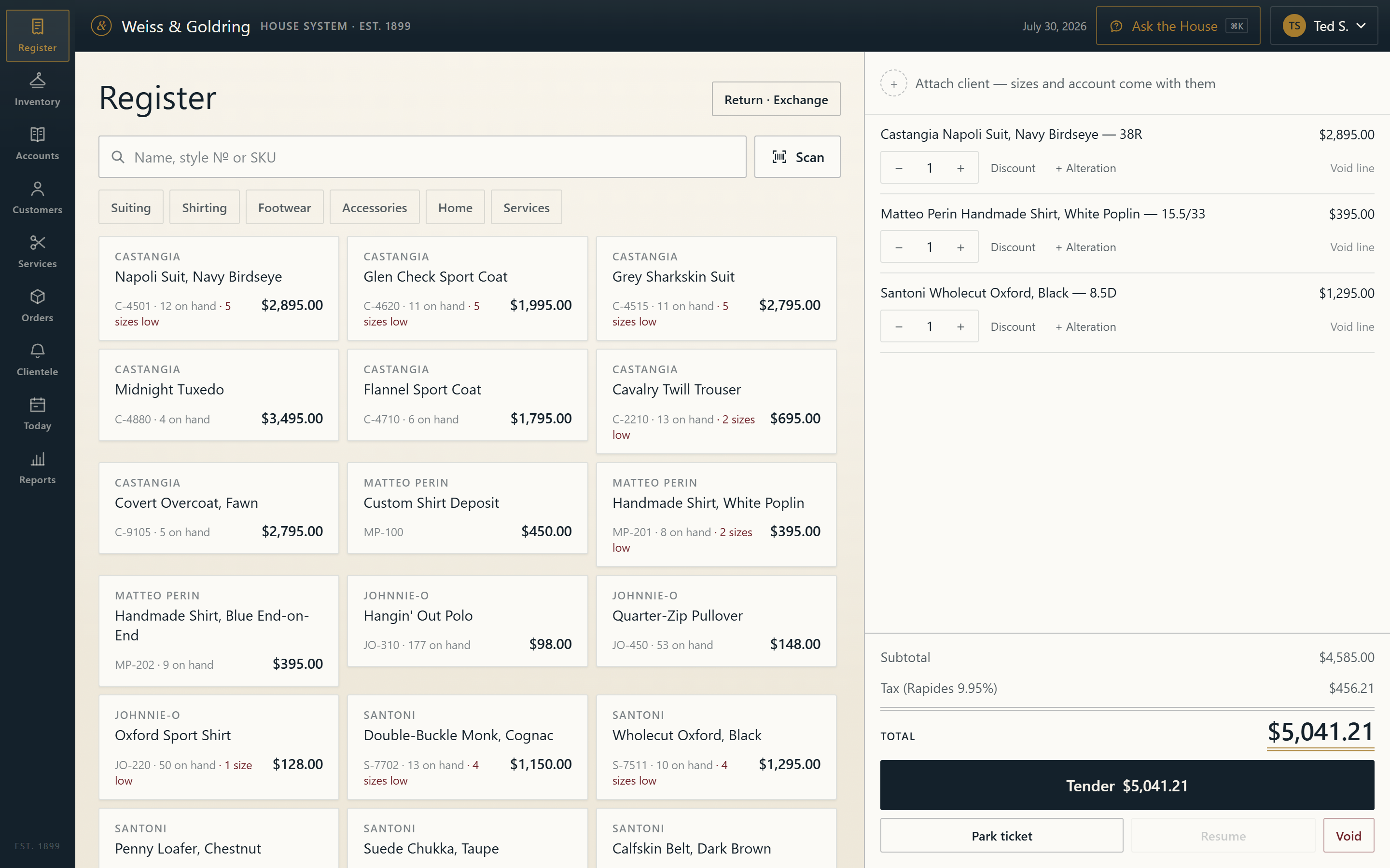 The House System register — a ticket rung with three lines and a live total