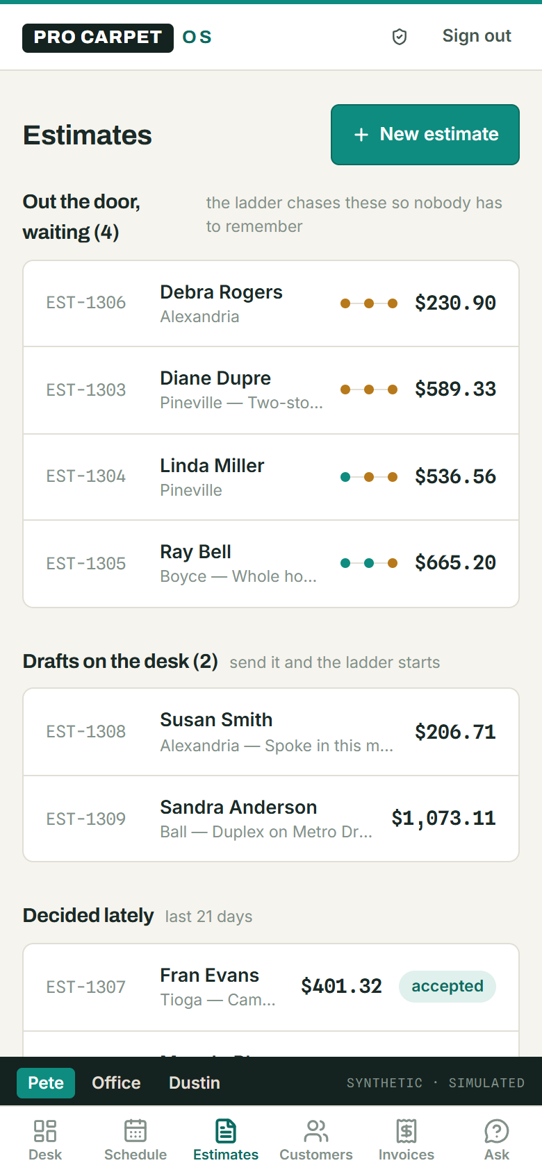 Pro Carpet OS estimates on a phone — the ladder chasing every estimate that is out the door