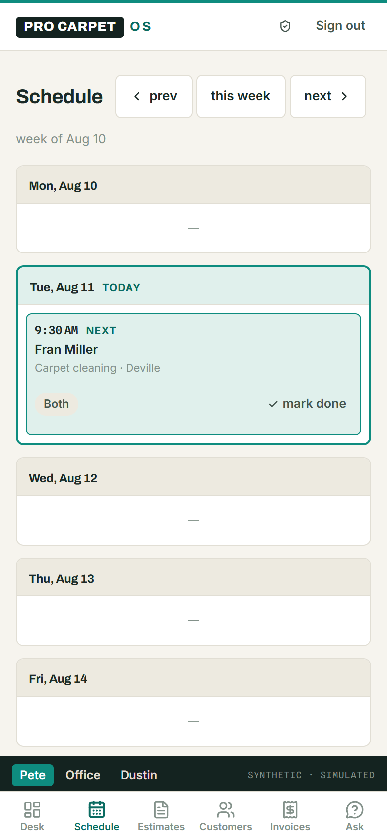 Pro Carpet OS schedule on a phone — the week’s jobs with the next one highlighted